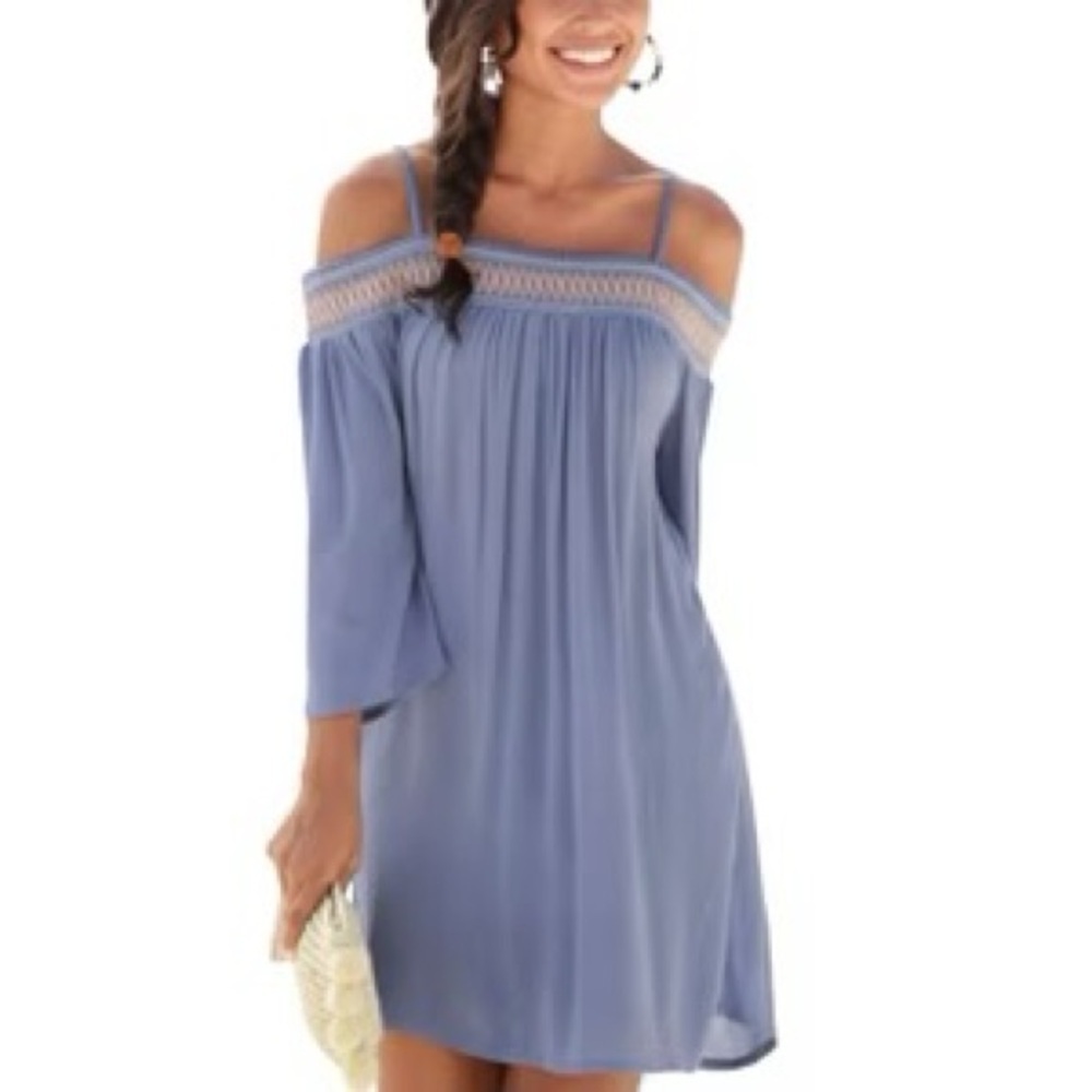 LASCANA Women's Embroidered Cold Shoulder Dress- Smokey Blue Solid NWT